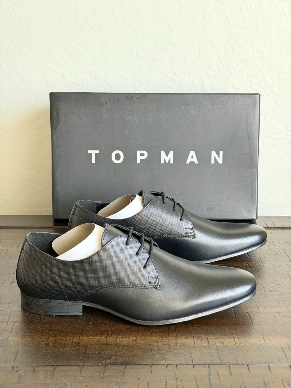 TOPMAN Black Leather Derby Shoes - Minimal Lace-Up Dress Oxfords